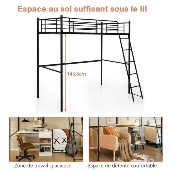 Lit Mezzanine en Métal Lit Mezzanine en Acier avec Échelle Lit Surélevé pour Adolescents et Adultes 206x95x180,5CM Noir