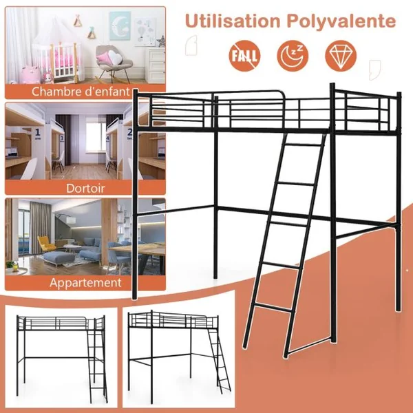 Lit Mezzanine en Métal Lit Mezzanine en Acier avec Échelle Lit Surélevé pour Adolescents et Adultes 206x95x180,5CM Noir