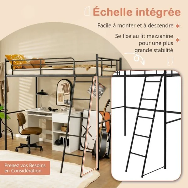 Lit Mezzanine en Métal Lit Mezzanine en Acier avec Échelle Lit Surélevé pour Adolescents et Adultes 206x95x180,5CM Noir
