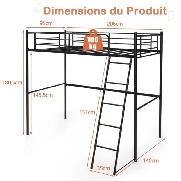 Lit Mezzanine en Métal Lit Mezzanine en Acier avec Échelle Lit Surélevé pour Adolescents et Adultes 206x95x180,5CM Noir