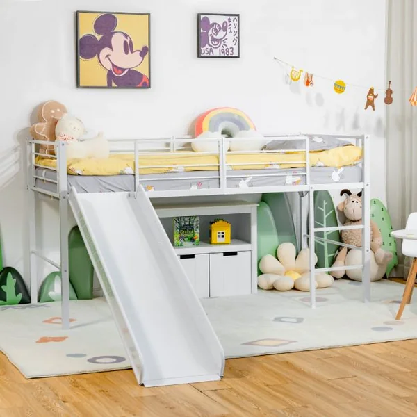 Lit Mezzanine Enfants Lit Mezzanine 1 Personne avec Toboggan Échelle et Structure en Acier 198 x 96 x 109 cm Blanc