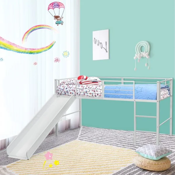 Lit Mezzanine Enfants Lit Mezzanine 1 Personne avec Toboggan Échelle et Structure en Acier 198 x 96 x 109 cm Blanc