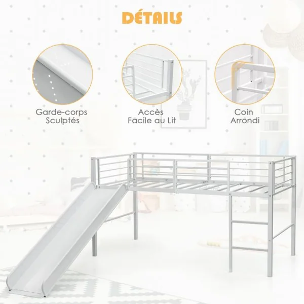 Lit Mezzanine Enfants Lit Mezzanine 1 Personne avec Toboggan Échelle et Structure en Acier 198 x 96 x 109 cm Blanc
