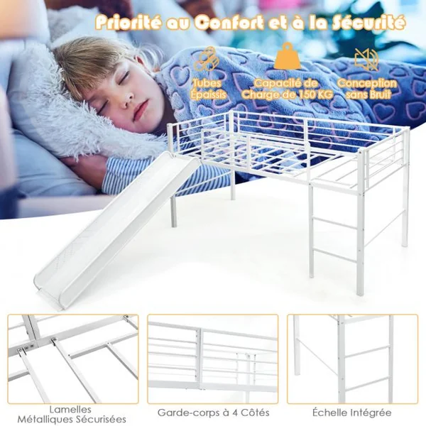 Lit Mezzanine Enfants Lit Mezzanine 1 Personne avec Toboggan Échelle et Structure en Acier 198 x 96 x 109 cm Blanc