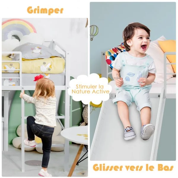 Lit Mezzanine Enfants Lit Mezzanine 1 Personne avec Toboggan Échelle et Structure en Acier 198 x 96 x 109 cm Blanc
