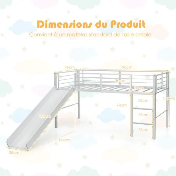 Lit Mezzanine Enfants Lit Mezzanine 1 Personne avec Toboggan Échelle et Structure en Acier 198 x 96 x 109 cm Blanc