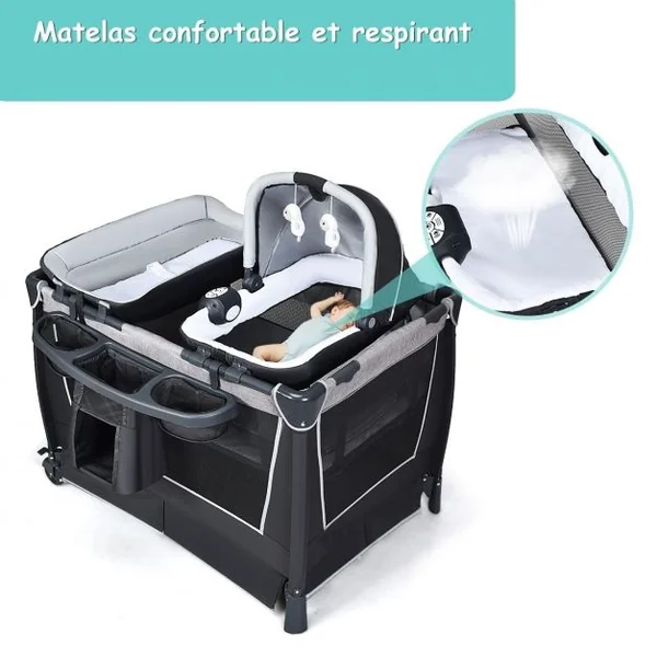 Lit Parapluie 4 en 1 pour Bébé de 0 à 36 Mois Centre Musical et Jouets Sac de transport 103x72,5x73,5cm Gris