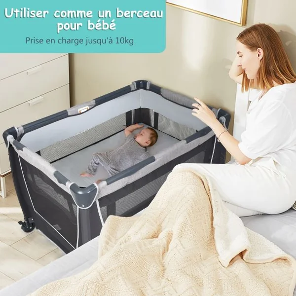 Lit Parapluie 4 en 1 pour Bébé de 0 à 36 Mois Centre Musical et Jouets Sac de transport 103x72,5x73,5cm Gris