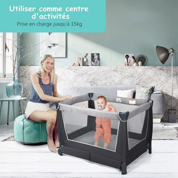 Lit Parapluie 4 en 1 pour Bébé de 0 à 36 Mois Centre Musical et Jouets Sac de transport 103x72,5x73,5cm Gris