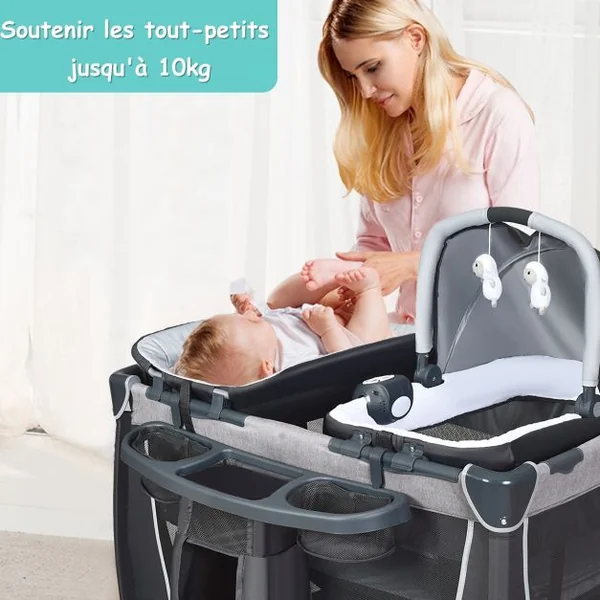 Lit Parapluie 4 en 1 pour Bébé de 0 à 36 Mois Centre Musical et Jouets Sac de transport 103x72,5x73,5cm Gris