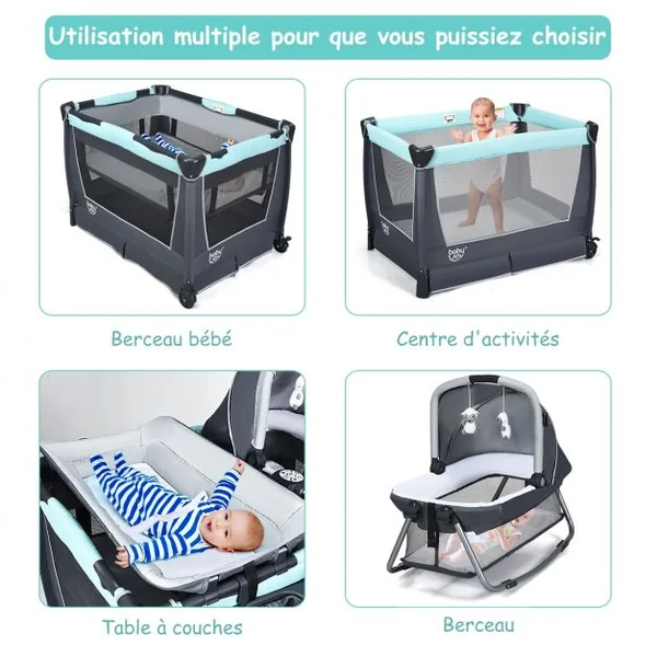 Lit Parapluie 4 en 1 pour Bébé de 0 à 36 Mois Centre Musical et Jouets Sac de transport 103x72,5x73,5cm Vert