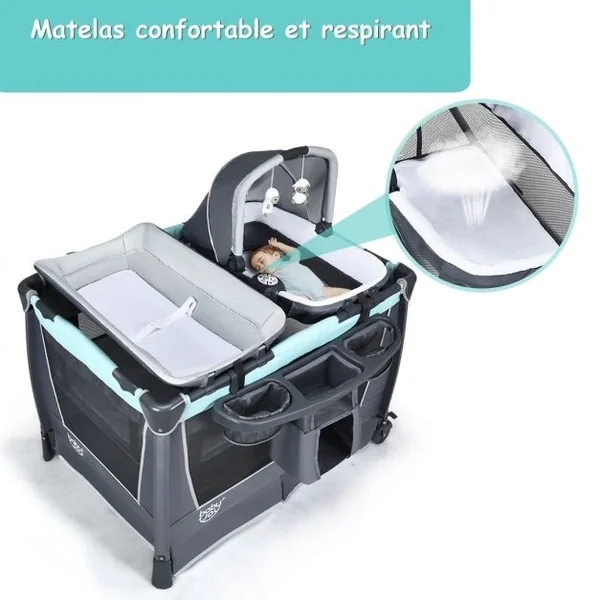 Lit Parapluie 4 en 1 pour Bébé de 0 à 36 Mois Centre Musical et Jouets Sac de transport 103x72,5x73,5cm Vert