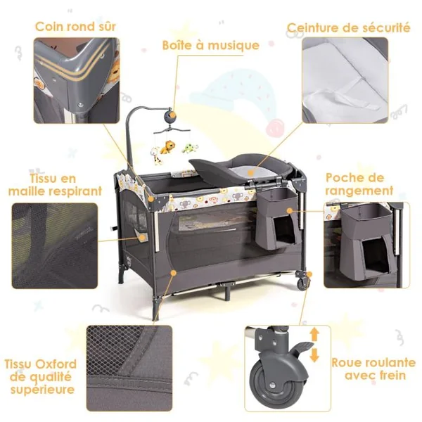 Lit Parapluie Bébé 4 en 1 Berceau Détaché Table à Langer avec Matelas, Boîte à Musique et 2 Jouets Suspendu 0-36 Mois Gris/Rose/Noir