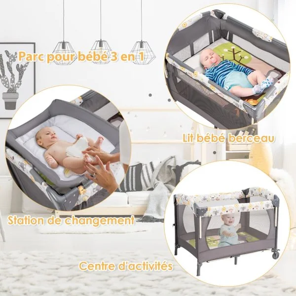 Lit Parapluie Bébé 4 en 1 Berceau Détaché Table à Langer avec Matelas, Boîte à Musique et 2 Jouets Suspendu 0-36 Mois Gris/Rose/Noir