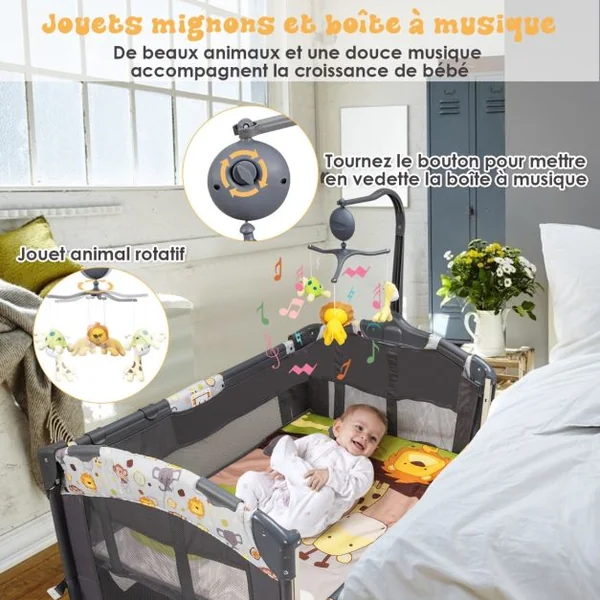 Lit Parapluie Bébé 4 en 1 Berceau Détaché Table à Langer avec Matelas, Boîte à Musique et 2 Jouets Suspendu 0-36 Mois Gris/Rose/Noir
