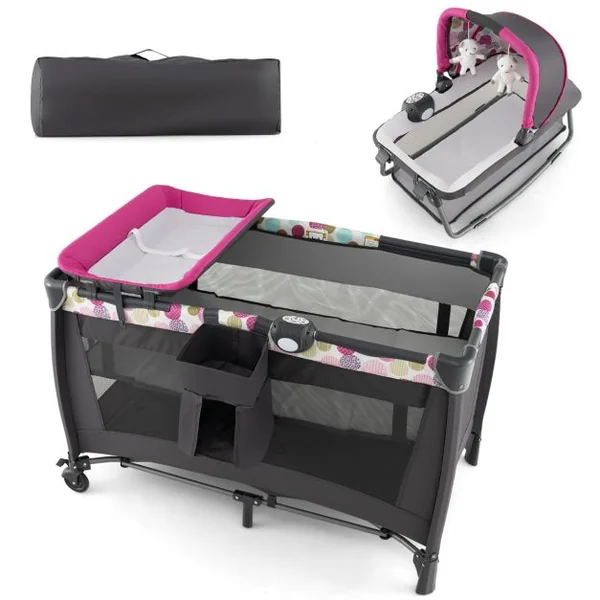 Lit Parapluie Bébé 4 en 1 Berceau Détaché Table à Langer avec Matelas Boîte à Musique et 2 Jouets Suspendu 0-36 Mois Rose
