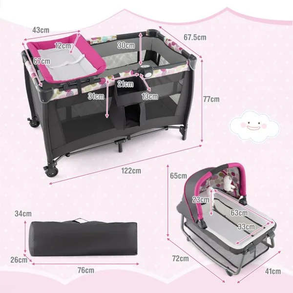 Lit Parapluie Bébé 4 en 1 Berceau Détaché Table à Langer avec Matelas Boîte à Musique et 2 Jouets Suspendu 0-36 Mois Rose