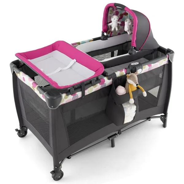 Lit Parapluie Bébé 4 en 1 Berceau Détaché Table à Langer avec Matelas Boîte à Musique et 2 Jouets Suspendu 0-36 Mois Rose