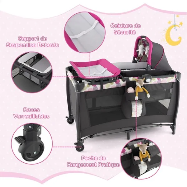 Lit Parapluie Bébé 4 en 1 Berceau Détaché Table à Langer avec Matelas Boîte à Musique et 2 Jouets Suspendu 0-36 Mois Rose