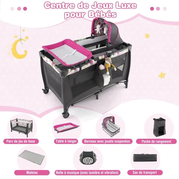 Lit Parapluie Bébé 4 en 1 Berceau Détaché Table à Langer avec Matelas Boîte à Musique et 2 Jouets Suspendu 0-36 Mois Rose