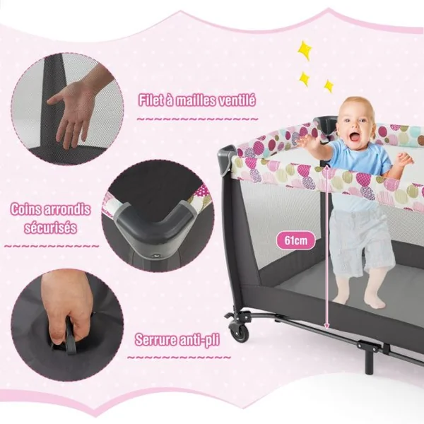Lit Parapluie Bébé 4 en 1 Berceau Détaché Table à Langer avec Matelas Boîte à Musique et 2 Jouets Suspendu 0-36 Mois Rose