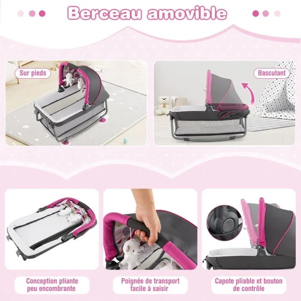 Lit Parapluie Bébé 4 en 1 Berceau Détaché Table à Langer avec Matelas Boîte à Musique et 2 Jouets Suspendu 0-36 Mois Rose