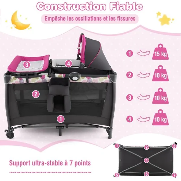 Lit Parapluie Bébé 4 en 1 Berceau Détaché Table à Langer avec Matelas Boîte à Musique et 2 Jouets Suspendu 0-36 Mois Rose