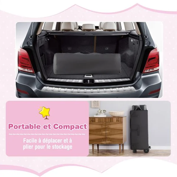 Lit Parapluie Bébé 4 en 1 Berceau Détaché Table à Langer avec Matelas Boîte à Musique et 2 Jouets Suspendu 0-36 Mois Rose
