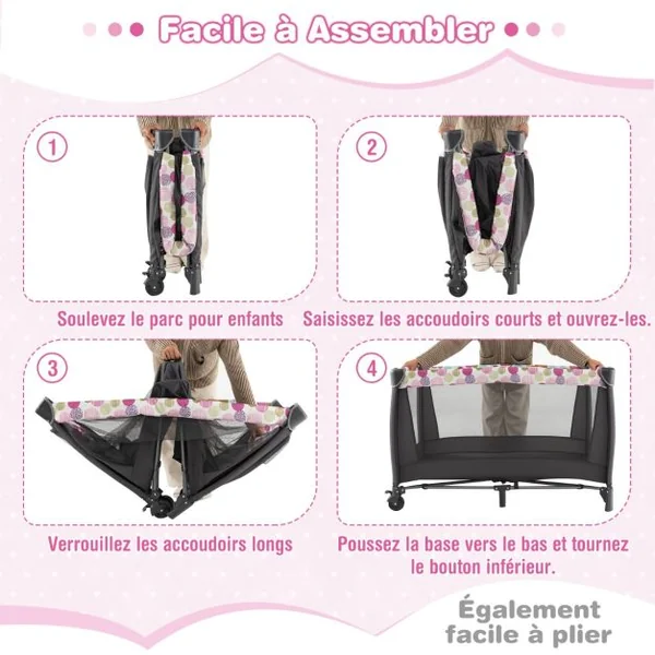 Lit Parapluie Bébé 4 en 1 Berceau Détaché Table à Langer avec Matelas Boîte à Musique et 2 Jouets Suspendu 0-36 Mois Rose
