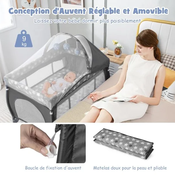 Lit Parapluie Bébé avec Matelas&Moustiquaire Charge 9kg pour 0-36 Mois
