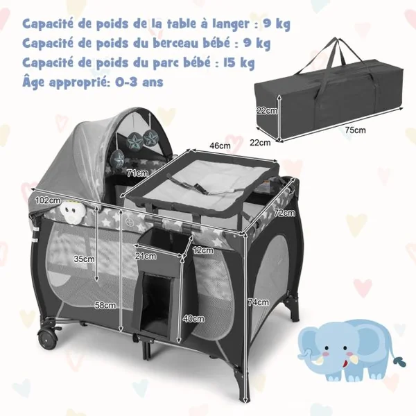 Lit Parapluie Bébé avec Matelas&Moustiquaire Charge 9kg pour 0-36 Mois