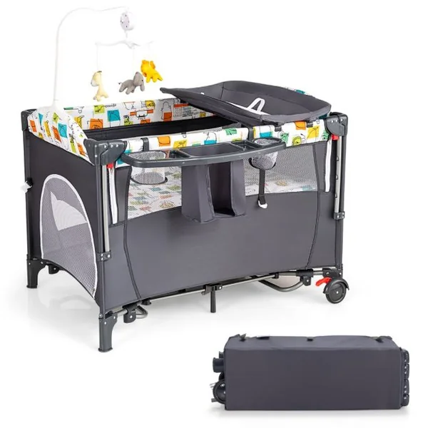Lit Parapluie Bébé Pliant 5 en 1 avec Matelas Table à Langer Boîte à Musique 3 Jouets 4 Hauteurs d'Accoudoir Réglables Gris/Noir