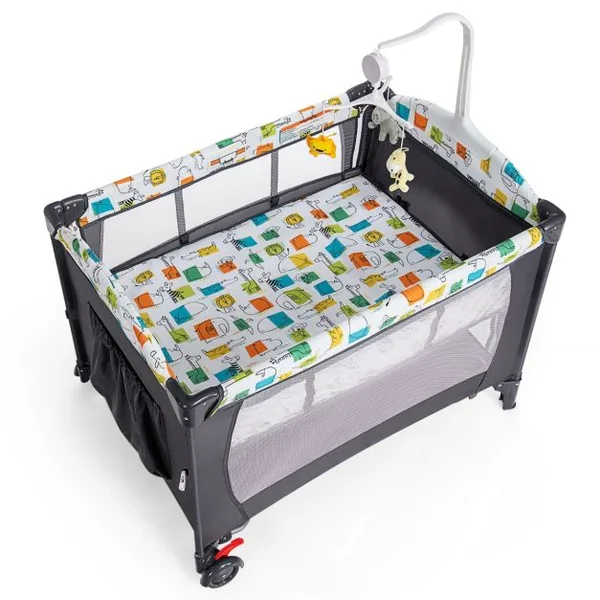 Lit Parapluie Bébé Pliant 5 en 1 avec Matelas Table à Langer Boîte à Musique 3 Jouets 4 Hauteurs d'Accoudoir Réglables Gris/Noir