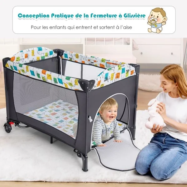 Lit Parapluie Bébé Pliant 5 en 1 avec Matelas Table à Langer Boîte à Musique 3 Jouets 4 Hauteurs d'Accoudoir Réglables Gris/Noir