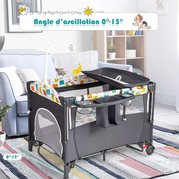 Lit Parapluie Bébé Pliant 5 en 1 avec Matelas Table à Langer Boîte à Musique 3 Jouets 4 Hauteurs d'Accoudoir Réglables Gris/Noir