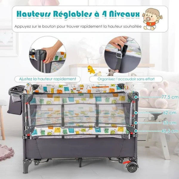 Lit Parapluie Bébé Pliant 5 en 1 avec Matelas Table à Langer Boîte à Musique 3 Jouets 4 Hauteurs d'Accoudoir Réglables Gris/Noir