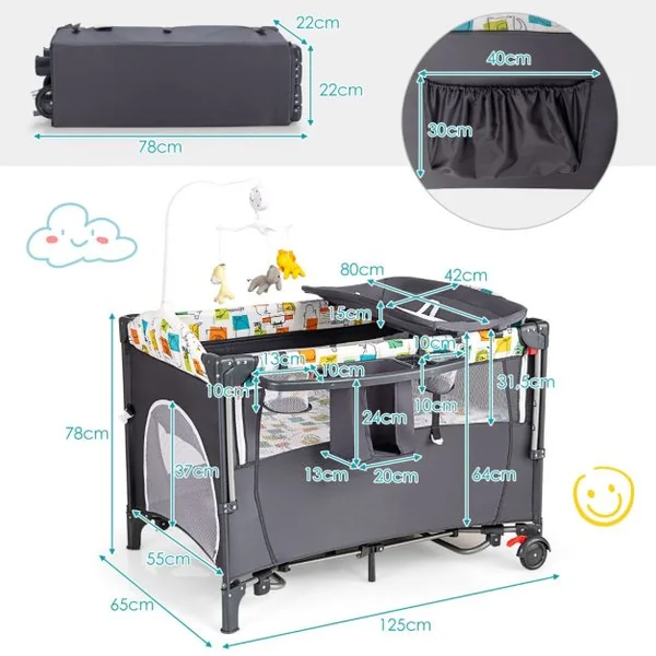 Lit Parapluie Bébé Pliant 5 en 1 avec Matelas Table à Langer Boîte à Musique 3 Jouets 4 Hauteurs d'Accoudoir Réglables Gris/Noir