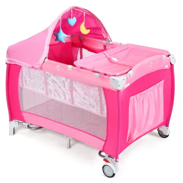 Lit parapluie pour bébé 0-36 mois Lit bébé pliant à roulettes avec accessoires sac de transport, 120 x 60 x 76 cm, Rose