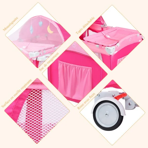 Lit parapluie pour bébé 0-36 mois Lit bébé pliant à roulettes avec accessoires sac de transport, 120 x 60 x 76 cm, Rose