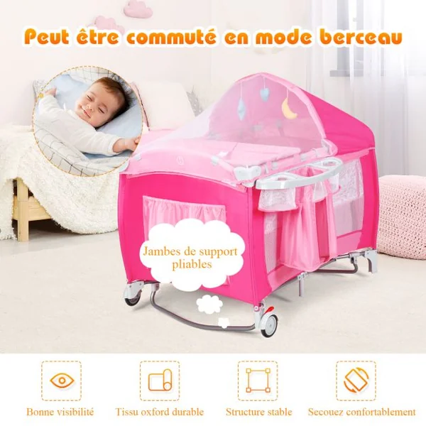 Lit parapluie pour bébé 0-36 mois Lit bébé pliant à roulettes avec accessoires sac de transport, 120 x 60 x 76 cm, Rose