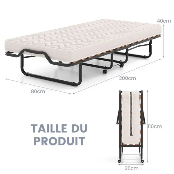 Lit Pliable 80 x 200 cm avec Matelas en Mousse à Mémoire de Forme & Fibre Hypoallergénique Lit pour Invités Pliable Fabriqué en Italie