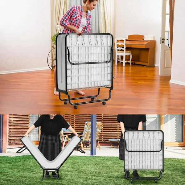 Lit Pliant 80x190 cm avec Matelas en Mousse Mémoire de Forme Lit d’Appoint Pliable en Acier avec 4 roulettes Universelles pour Maison Bureau