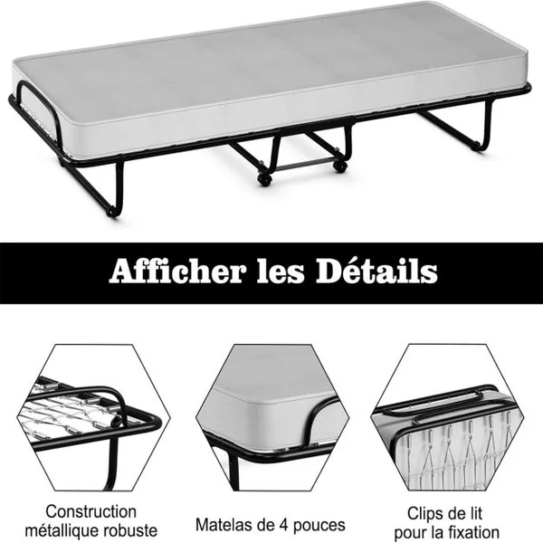 Lit Pliant 80x190 cm avec Matelas en Mousse Mémoire de Forme Lit d’Appoint Pliable en Acier avec 4 roulettes Universelles pour Maison Bureau