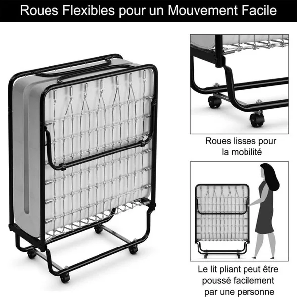 Lit Pliant 80x190 cm avec Matelas en Mousse Mémoire de Forme Lit d’Appoint Pliable en Acier avec 4 roulettes Universelles pour Maison Bureau