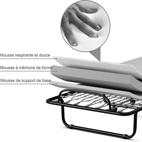 Lit Pliant 80x190 cm avec Matelas en Mousse Mémoire de Forme Lit d’Appoint Pliable en Acier avec 4 roulettes Universelles pour Maison Bureau