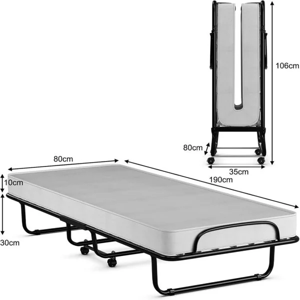 Lit Pliant 80x190 cm avec Matelas en Mousse Mémoire de Forme Lit d’Appoint Pliable en Acier avec 4 roulettes Universelles pour Maison Bureau