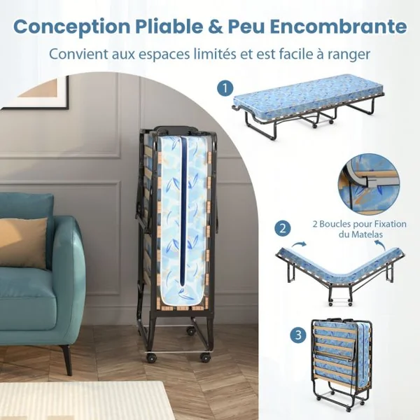 Lit Pliant sur Roulettes 90 x 200 x 41 CM Lit d'Appoint avec Matelas en Mousse 10 CM pour Maison et Bureau Bleu