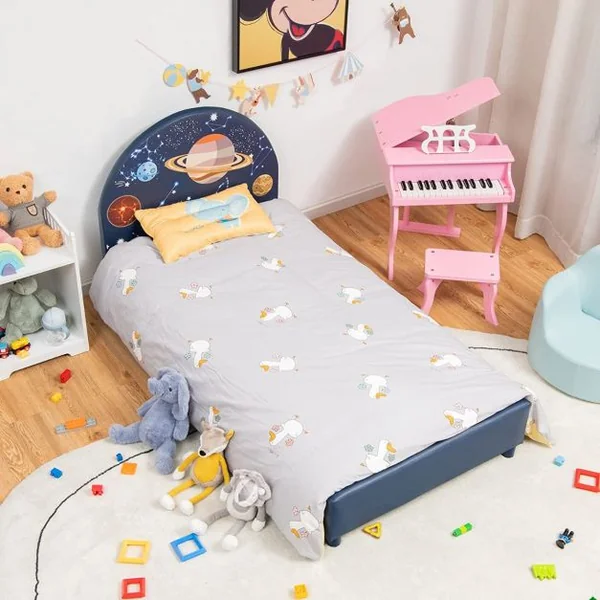 Lit pour Enfant Motifs Mignons Bois MDF Convient à Matelas 140 x 70cm (Non Inclus) Lit pour Tout-Petit 153x77x70cm Planète