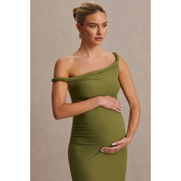 Lita | Robe Longue de Maternité Asymétrique Torsadée Olive