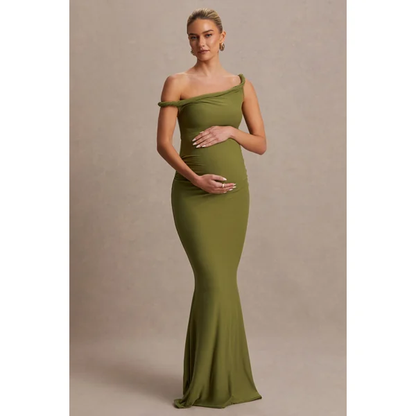 Lita | Robe Longue de Maternité Asymétrique Torsadée Olive